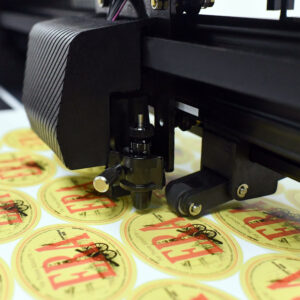 Vinyl contour cutting process showing printed design and cut path